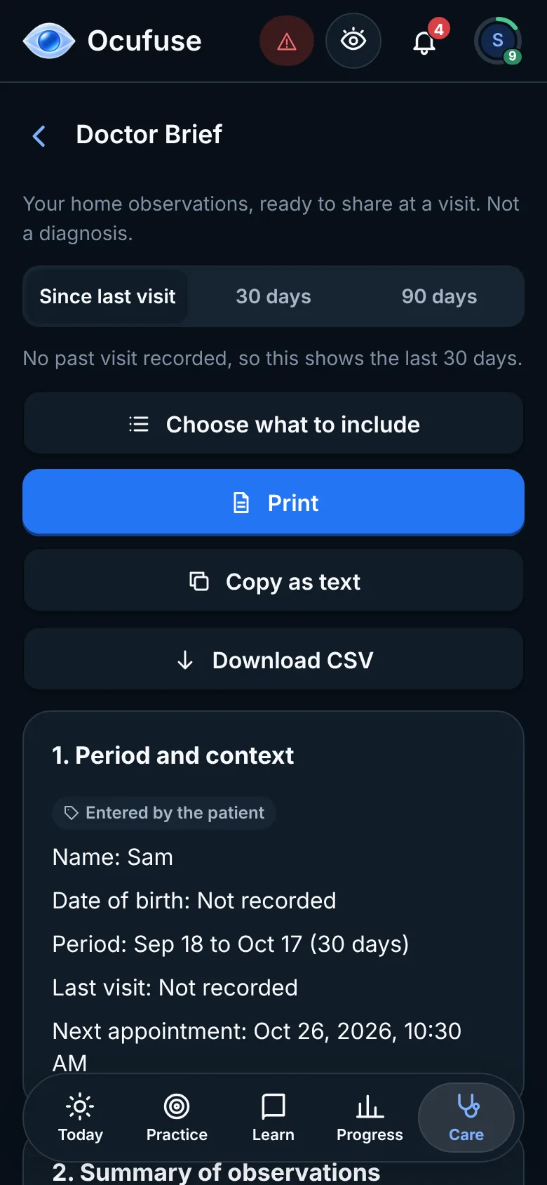 The Ocufuse Doctor Brief screen with print, copy and download options (dark mode)