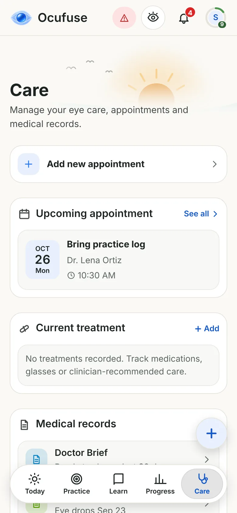 Ocufuse on iPhone, Care screen: upcoming appointment, current treatment and medical records
