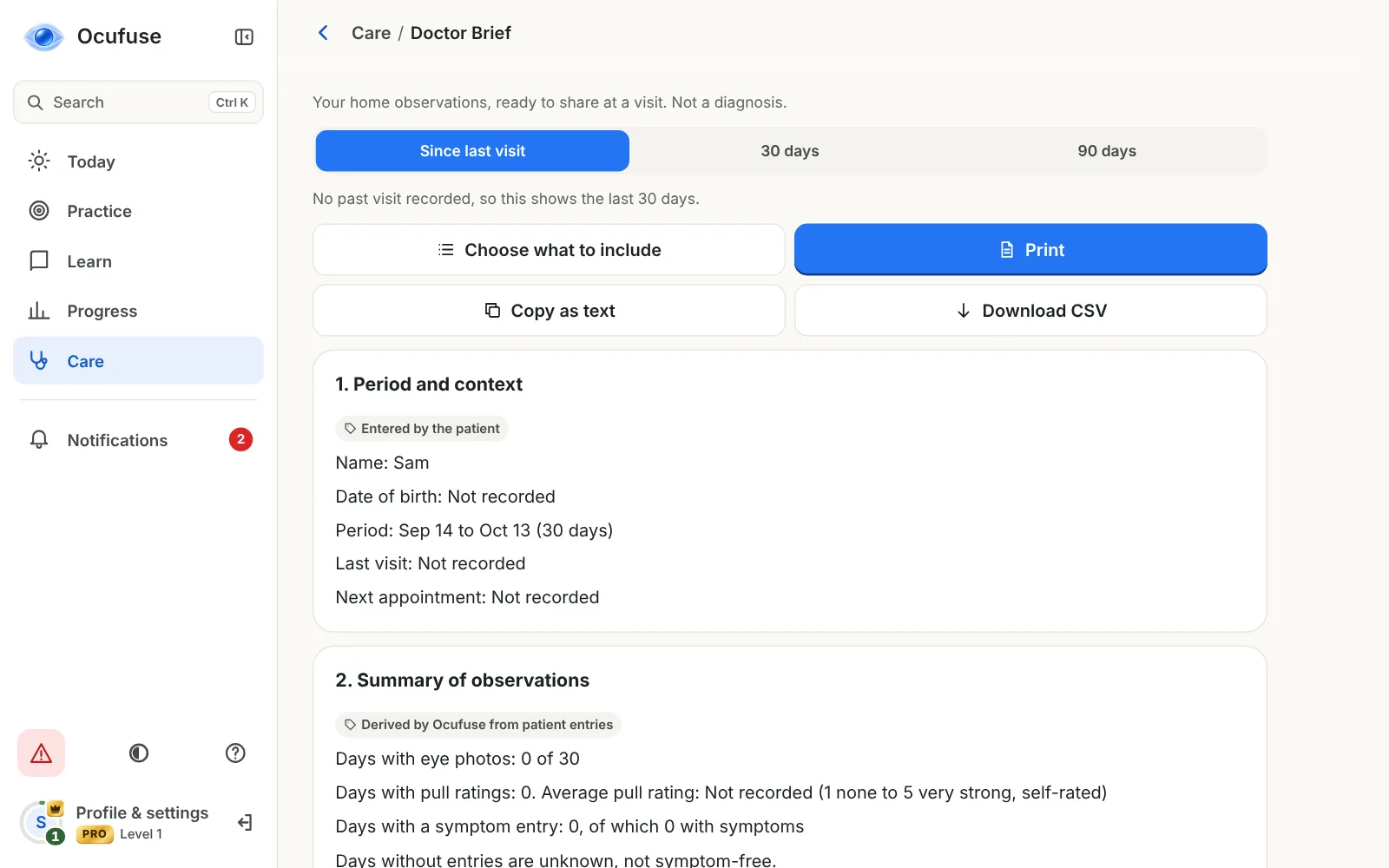Ocufuse web app on a desktop, Doctor Brief: pick the period, then print, copy as text or download a CSV
