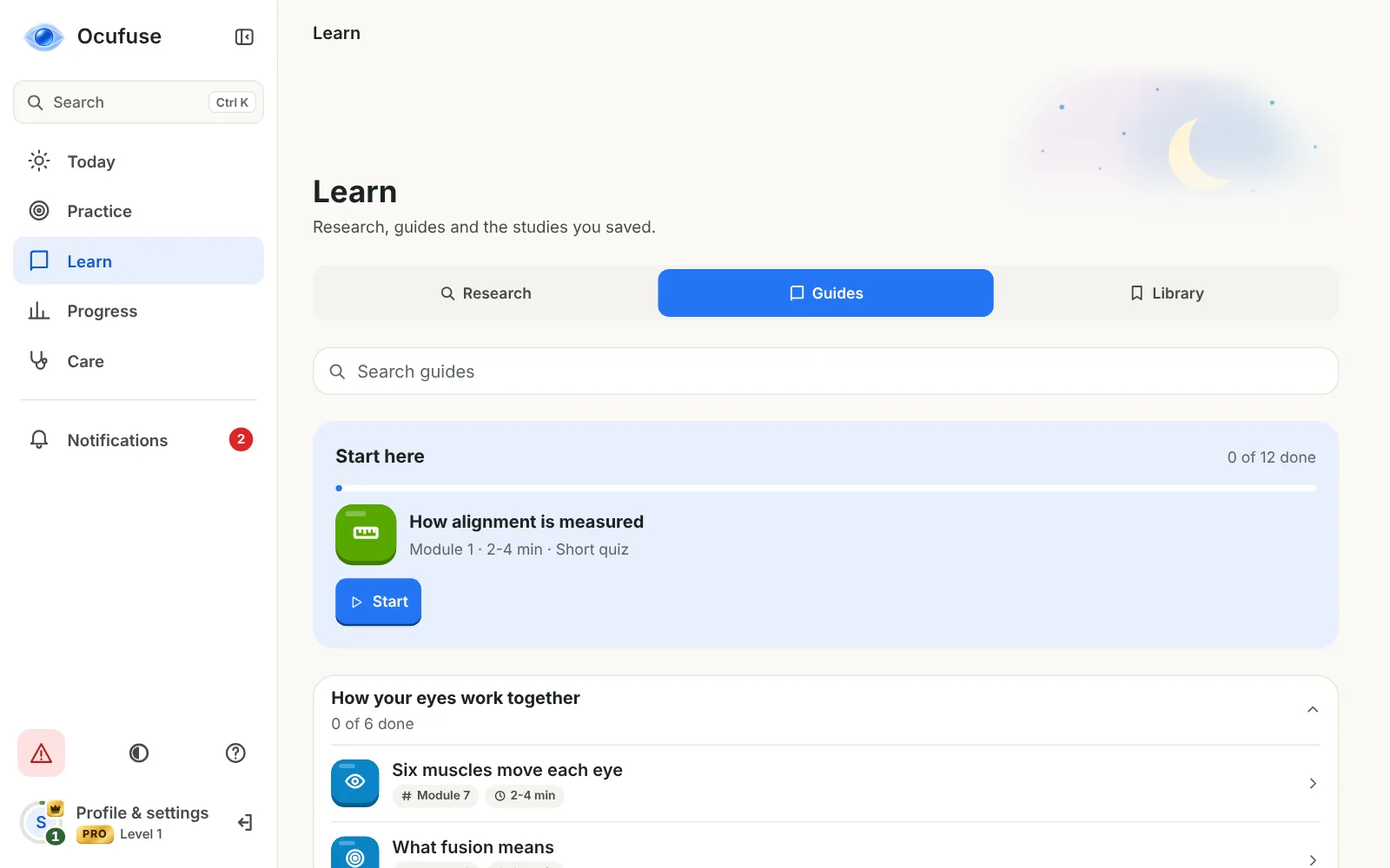 Ocufuse web app on a desktop, Learn: guided lessons in modules with a short quiz each