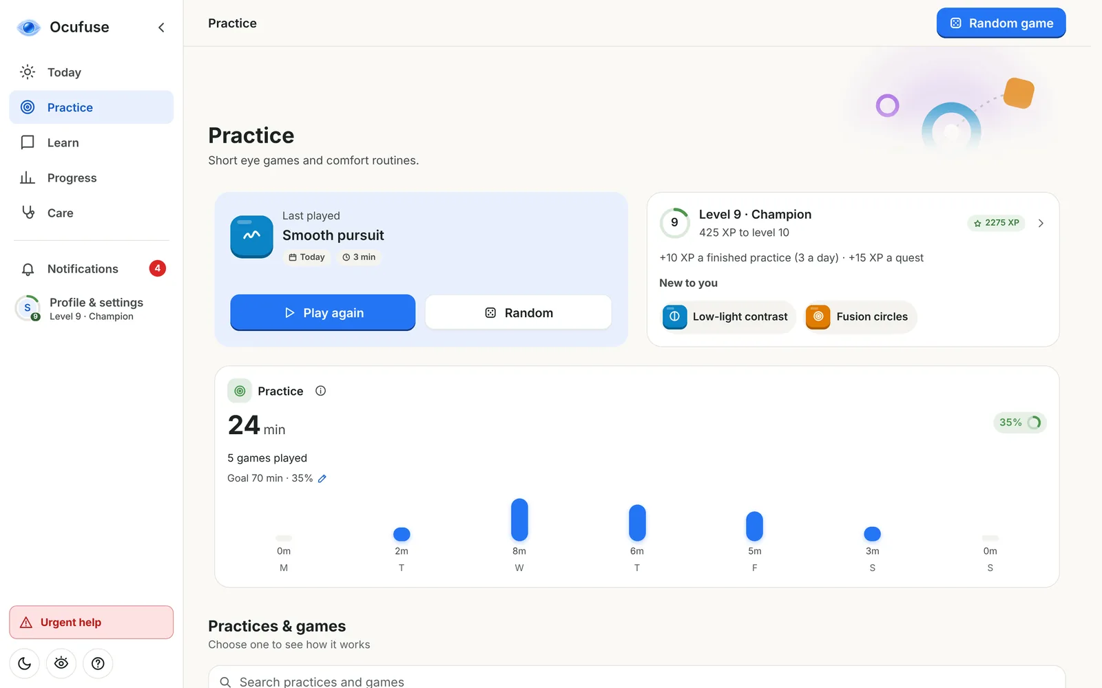 Ocufuse web app on a desktop, Practice: last game played, level and weekly practice minutes