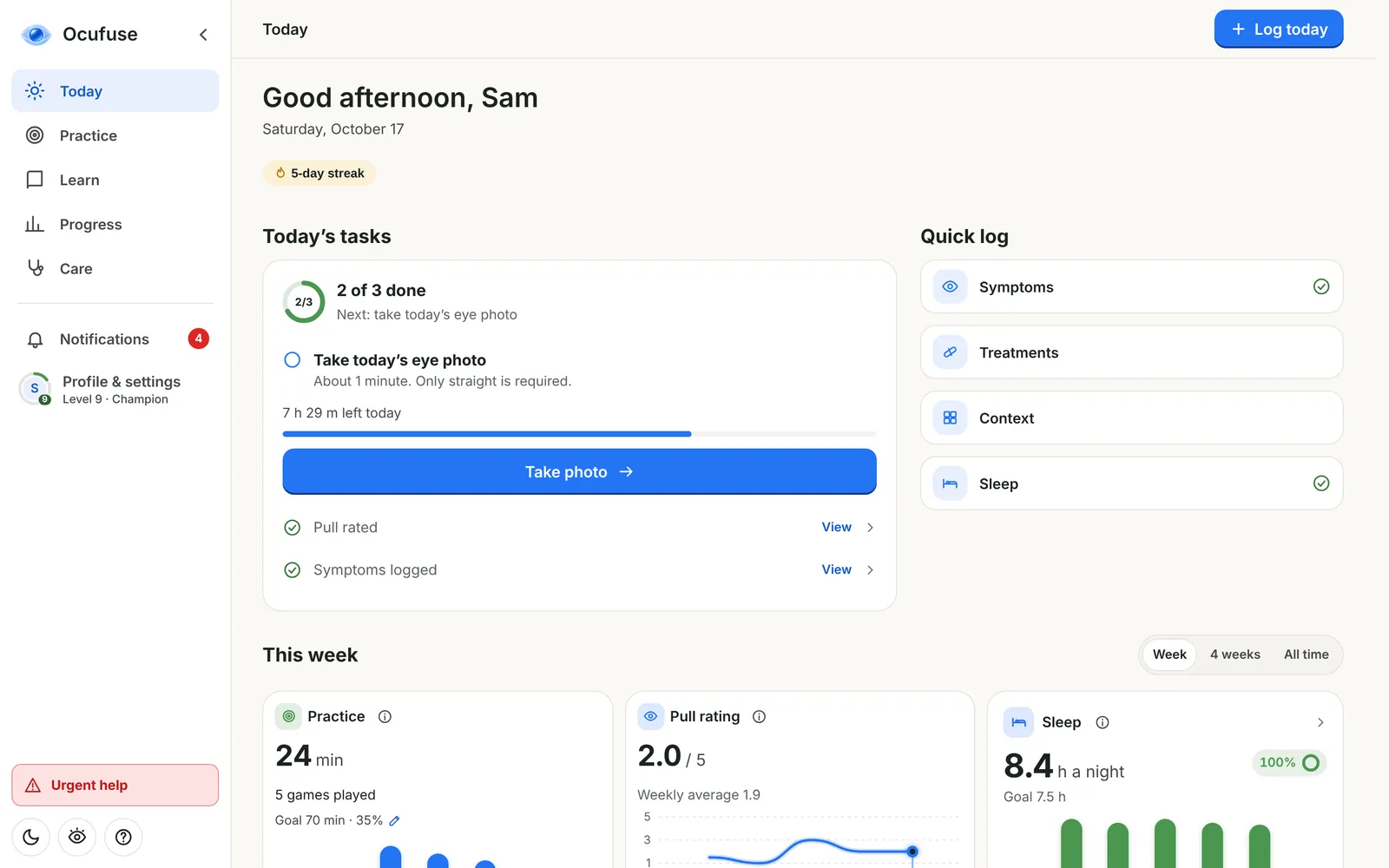 Ocufuse web app on a desktop, Today: tasks, quick log and this week's practice, pull rating and sleep