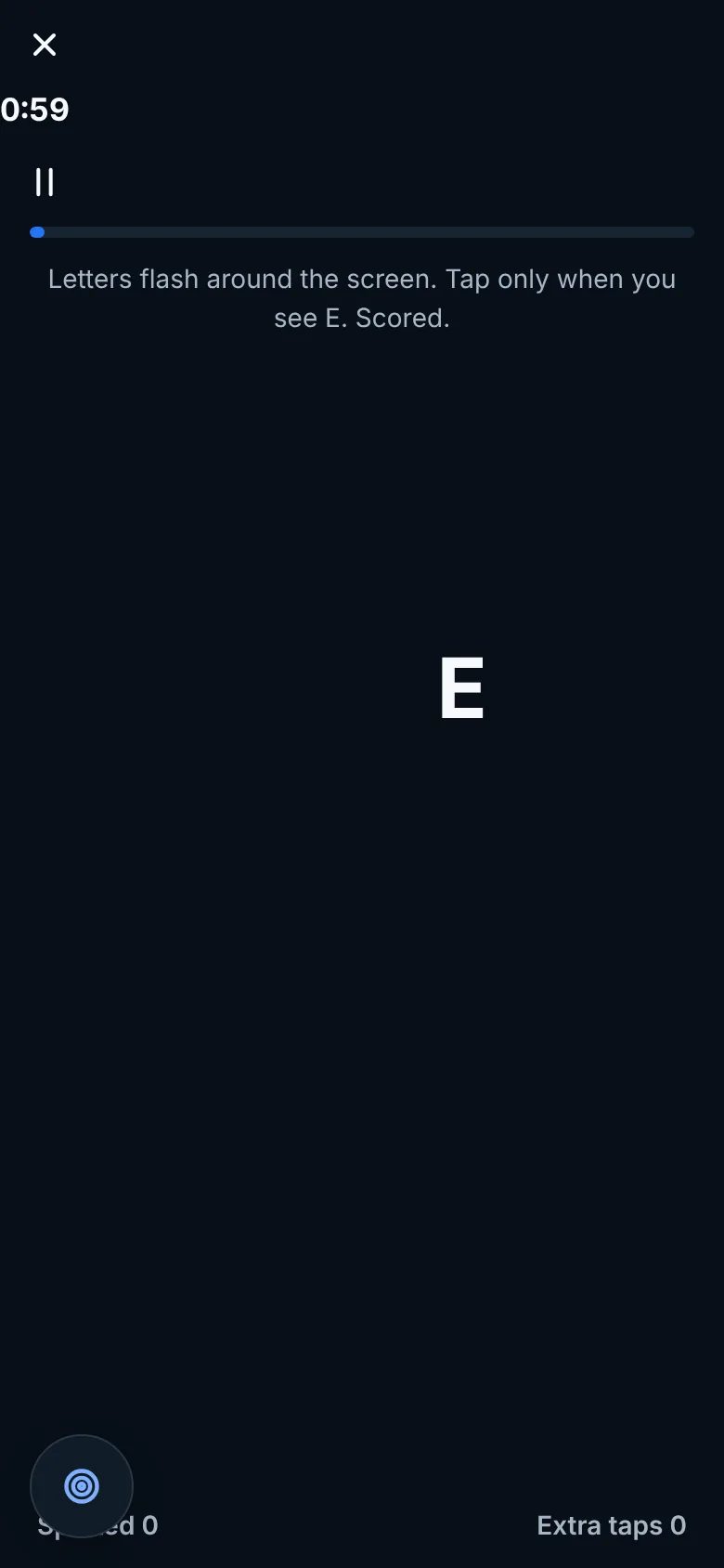 Ocufuse on iPhone, Letter catch game in play: tap only when you see the letter E (dark mode)