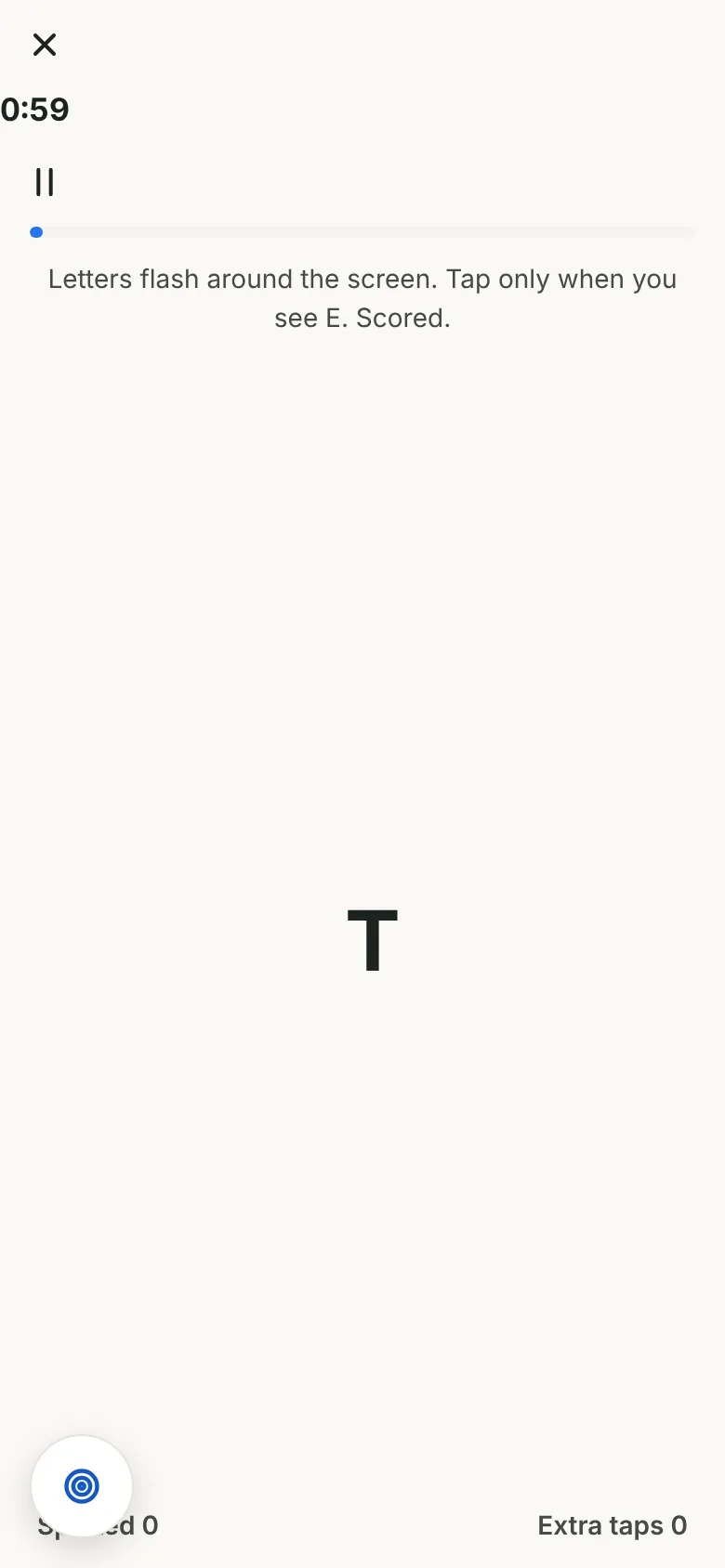 Ocufuse on iPhone, Letter catch game in play: tap only when you see the letter E