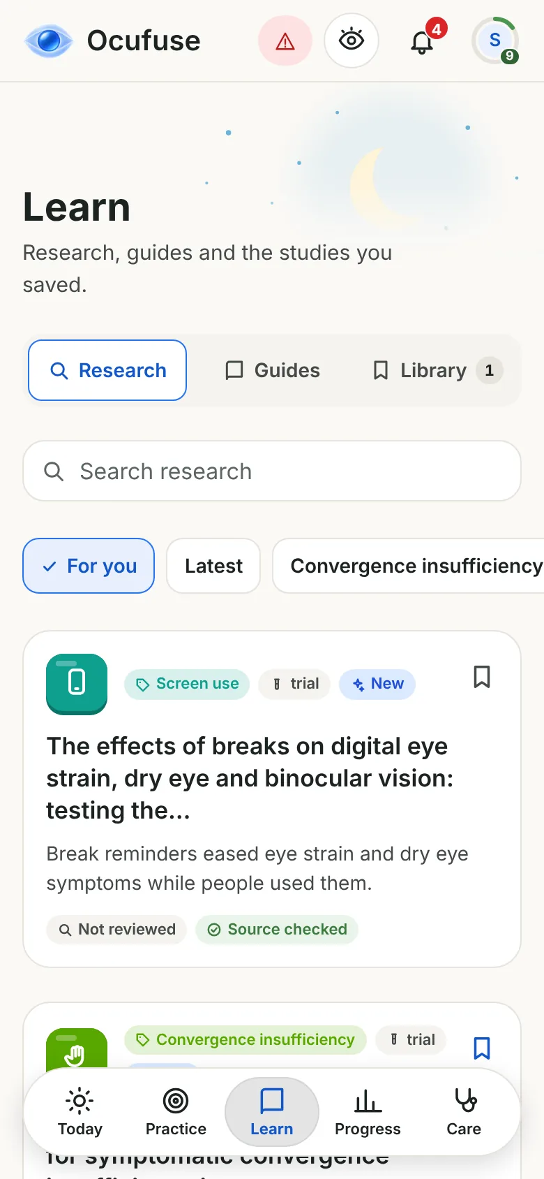 Ocufuse on iPhone, Learn screen: plain-language research summaries with source checks, guides and a saved library