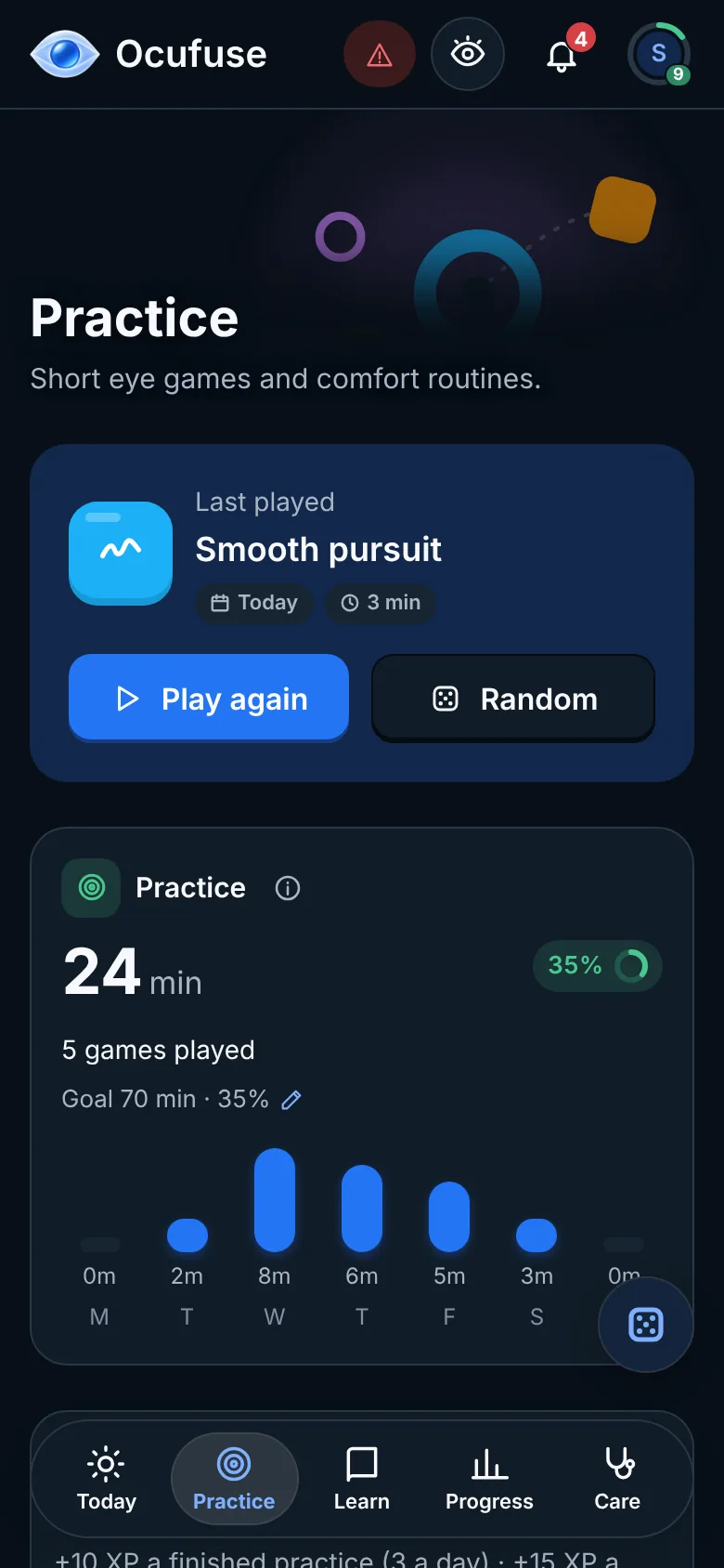 The Ocufuse Practice screen on iPhone with today's plan (dark mode)