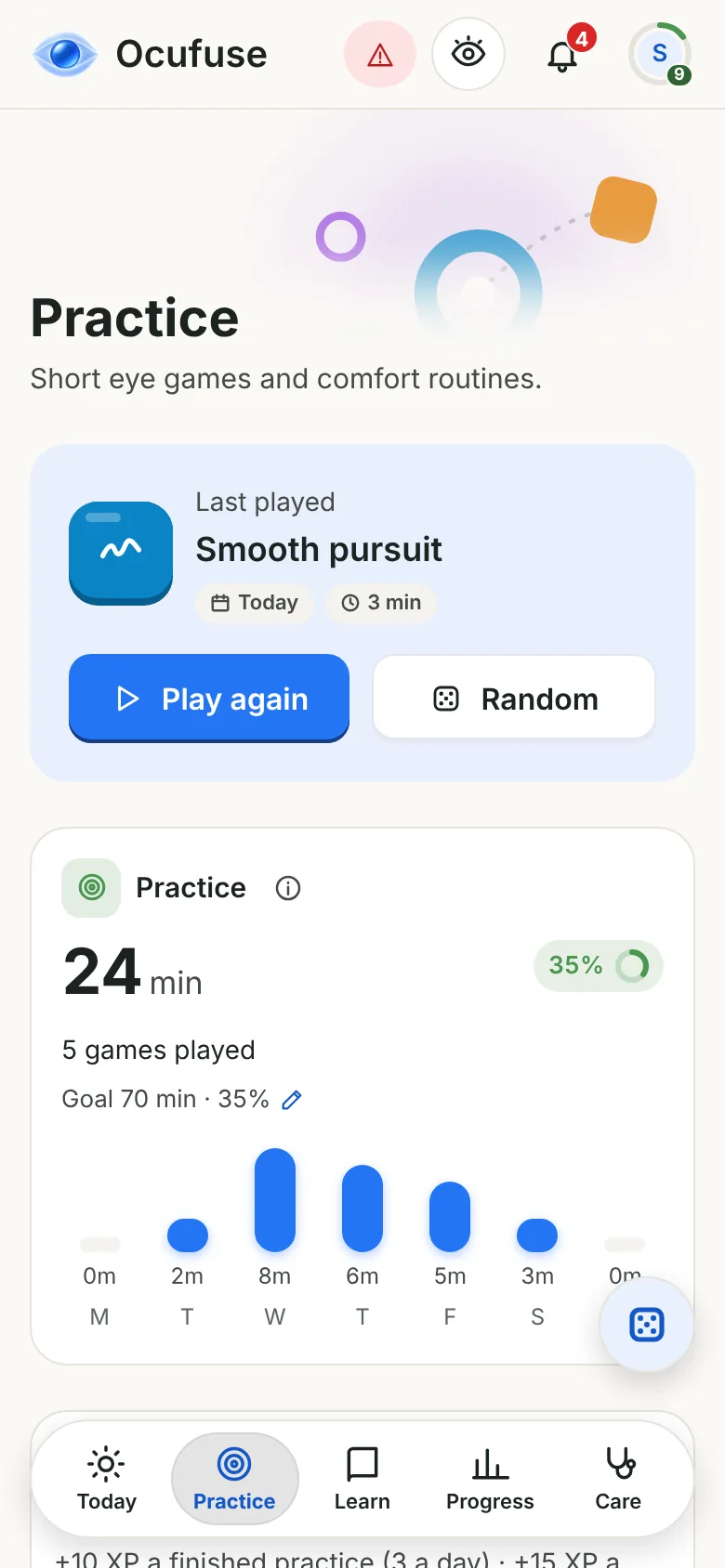 The Ocufuse Practice screen on iPhone with today's plan