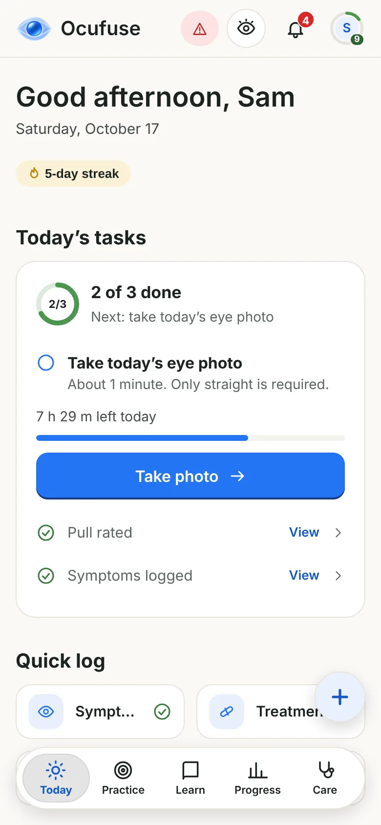 Ocufuse on iPhone, Today screen: greeting, a 5-day streak, today's tasks and the quick log